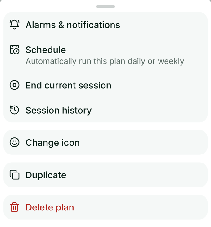 A plan's menu in Pace: Alarms and notifications; Schedule, with the note automatically run this plan daily or weekly; End current session; Session history; Change icon; Duplicate; Delete plan.