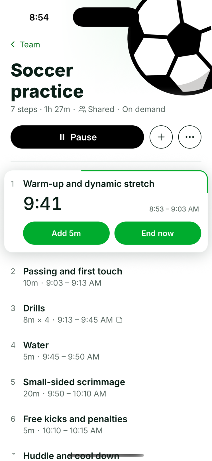 The Pace plan screen on an iPhone, running. Soccer practice, seven steps, one hour 27 minutes, shared. The first step, warm-up and dynamic stretch, counts down from 8:21 while a green light travels the edge of its card; the remaining steps are listed below with their times.